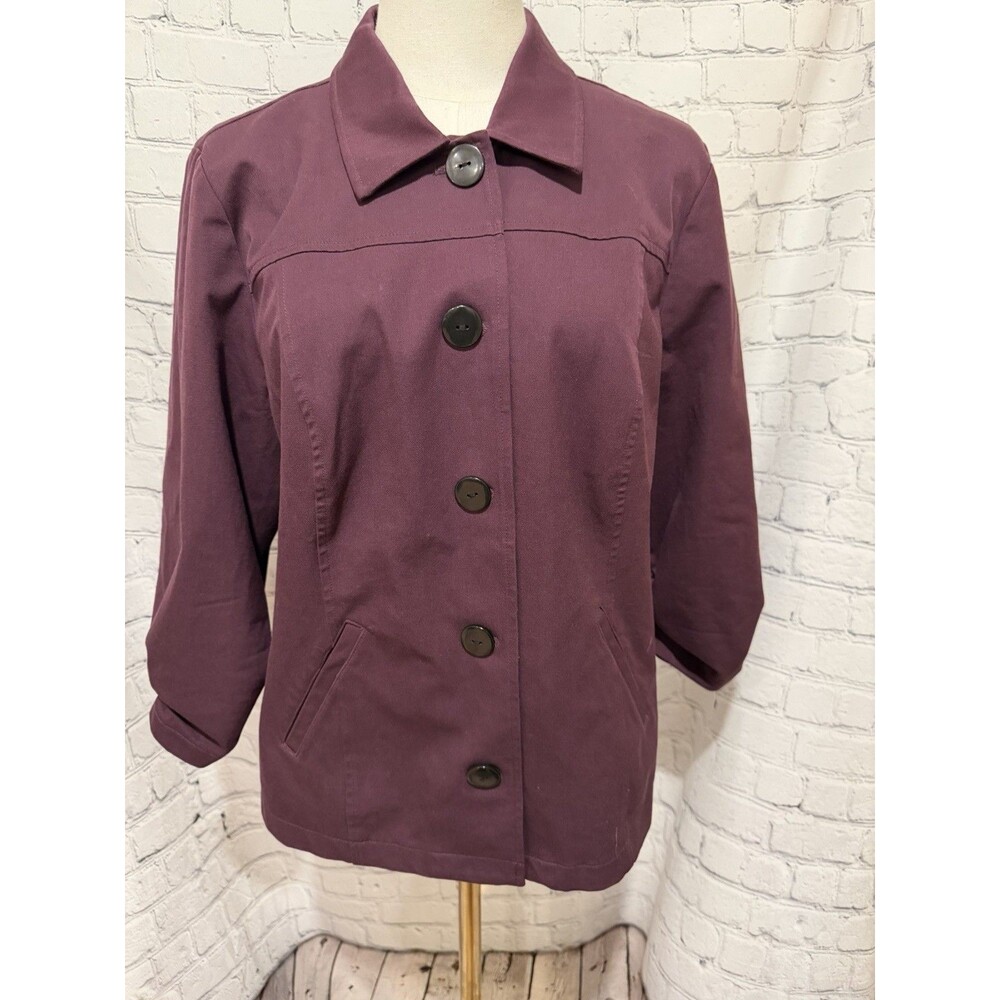 Chico's Jacket Maroon Pockets Black Button Cotton Rayon Size 2 Large